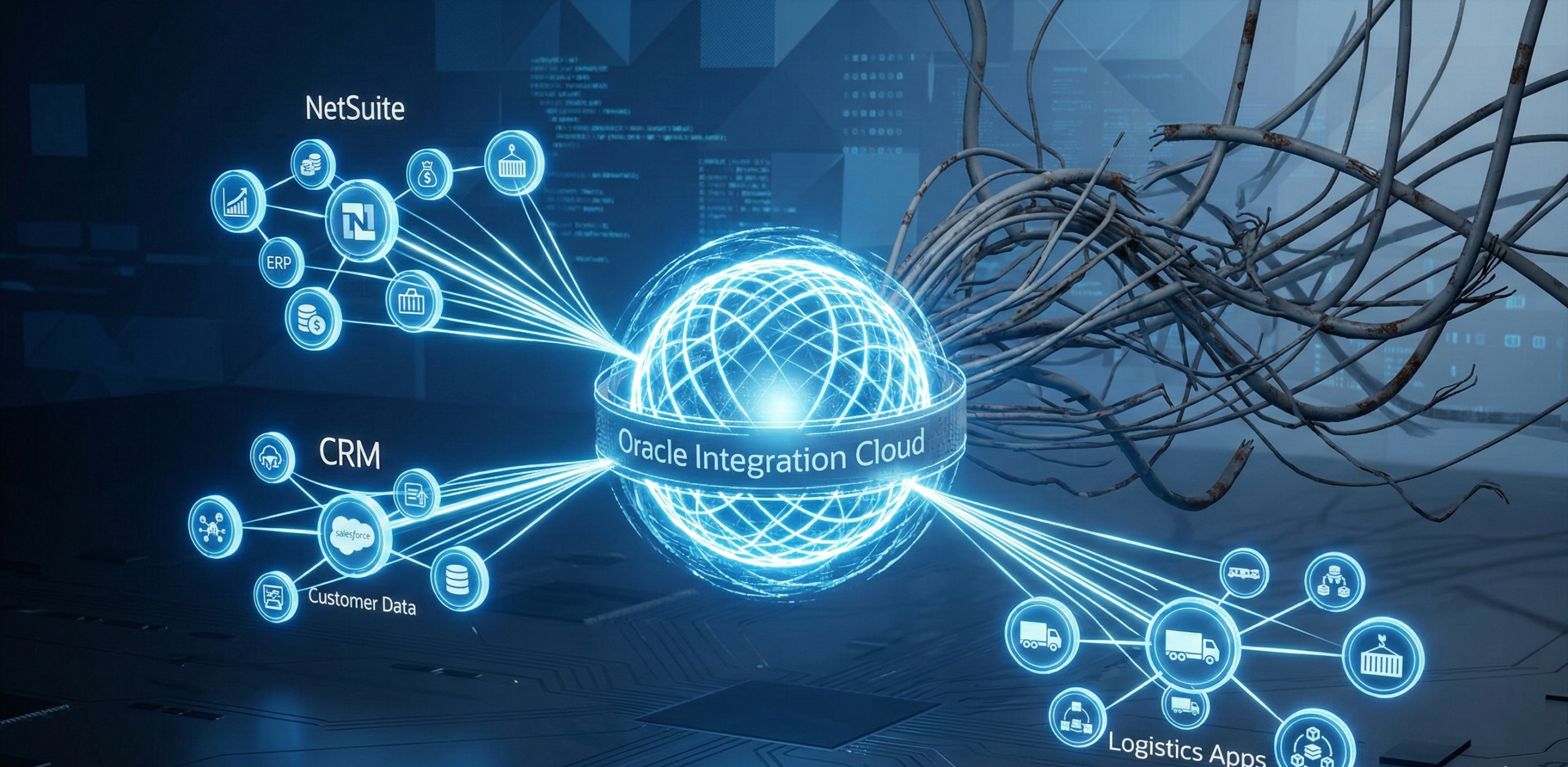 Iameg illustrating OIC Connecting NetSuite with CRM and other logistic apps